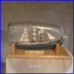 Vintage Hand Made Folk Art Decor Ship in a Bottle & Display Wooden Stand 10 Inch