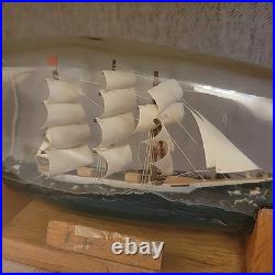 Vintage Hand Made Folk Art Decor Ship in a Bottle & Display Wooden Stand 10 Inch