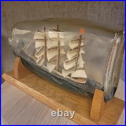 Vintage Hand Made Folk Art Decor Ship in a Bottle & Display Wooden Stand 10 Inch
