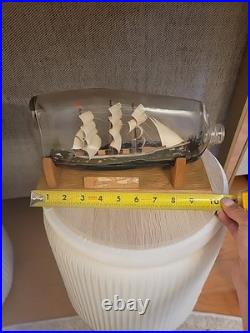 Vintage Hand Made Folk Art Decor Ship in a Bottle & Display Wooden Stand 10 Inch