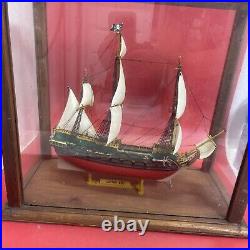 Vintage Model Ship, Captain Kidd'' In a Wooden Frame & Glass