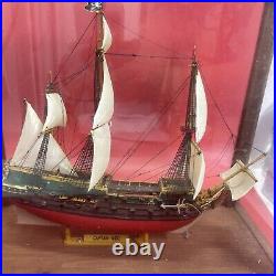 Vintage Model Ship, Captain Kidd'' In a Wooden Frame & Glass