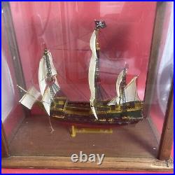 Vintage Model Ship, Captain Kidd'' In a Wooden Frame & Glass