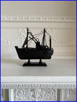 Vintage Wooden Model Ship Black Sailing Vessel with Fabric Sails Nautical Decor