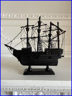 Vintage Wooden Model Ship Black Sailing Vessel with Fabric Sails Nautical Decor