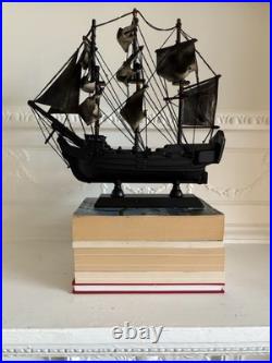 Vintage Wooden Model Ship Black Sailing Vessel with Fabric Sails Nautical Decor
