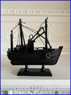 Vintage Wooden Model Ship Black Sailing Vessel with Fabric Sails Nautical Decor