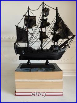 Vintage Wooden Model Ship Black Sailing Vessel with Fabric Sails Nautical Decor
