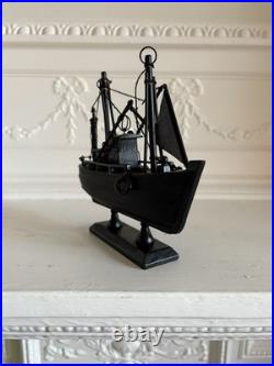 Vintage Wooden Model Ship Black Sailing Vessel with Fabric Sails Nautical Decor