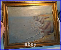 Vtg 20th C Antique Oil Painting on Canvas Seascape Shoreline Cliffs Signed