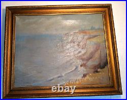 Vtg 20th C Antique Oil Painting on Canvas Seascape Shoreline Cliffs Signed