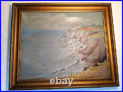 Vtg 20th C Antique Oil Painting on Canvas Seascape Shoreline Cliffs Signed