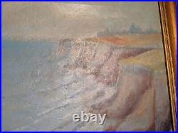 Vtg 20th C Antique Oil Painting on Canvas Seascape Shoreline Cliffs Signed