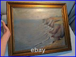 Vtg 20th C Antique Oil Painting on Canvas Seascape Shoreline Cliffs Signed